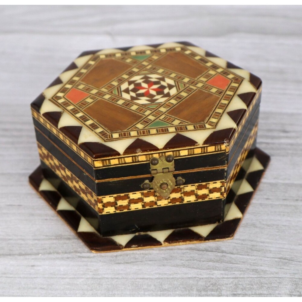 Vintage Wooden Marquetry Colored Inlay Mirror Jewelry Trinket lined box Gypsy